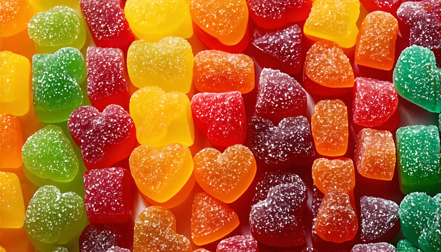 Colorful assortment of CBD gummies displayed on a table