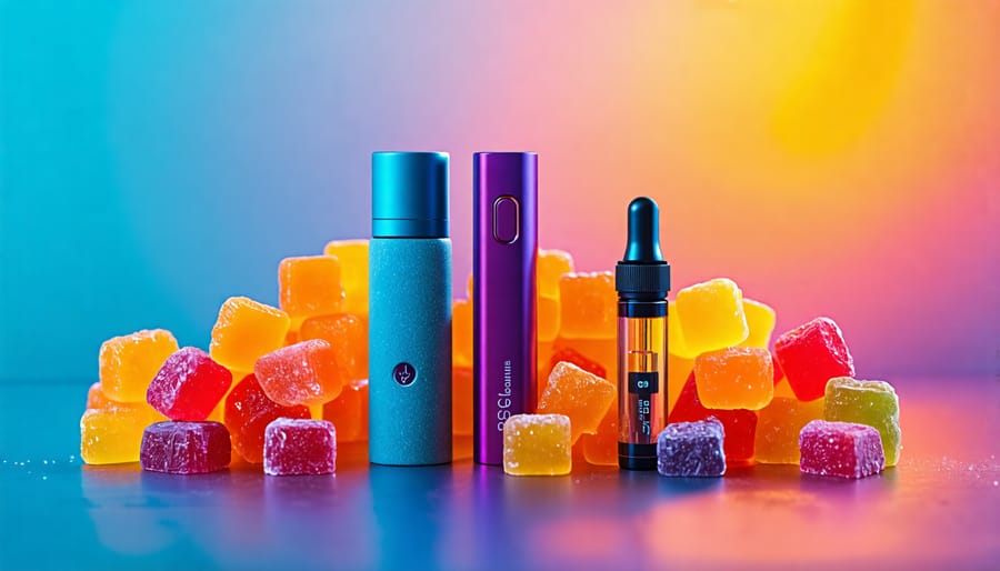 A conceptual depiction of the synergy between colorful CBD gummies and a modern vape device, symbolizing their complementary effects in CBD consumption.