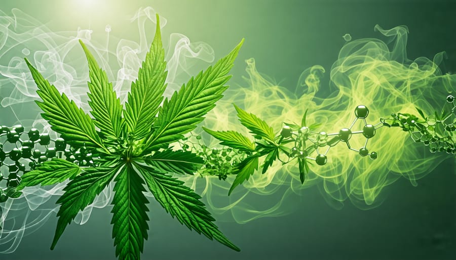 Conceptual image showing the molecular transformation of THCA to THC through decarboxylation, with a vape device emitting vapor forming a cannabis leaf pattern.