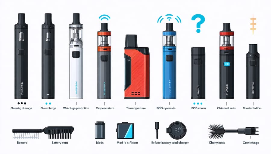 A creative illustration of various vaping devices such as vape pens, box mods, and pod systems, showcasing safety features and maintenance tools, emphasizing the need for safe vaping practices.