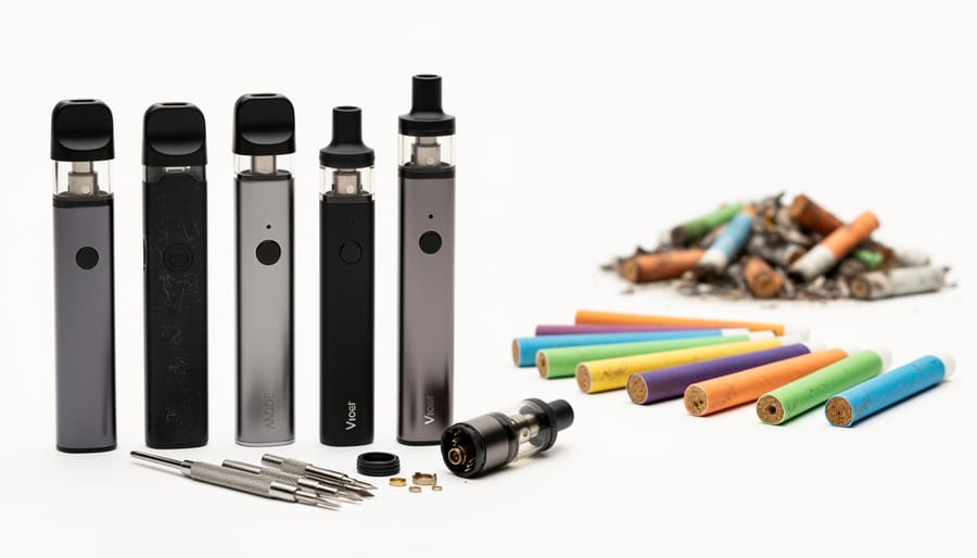 Comparison of disposable vape, pod system, and refillable vape device on wooden surface