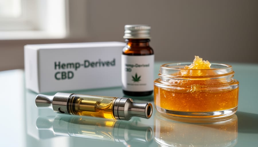 Close-up of a hemp-derived CBD vape cartridge and a vial of clear concentrate on a stainless surface