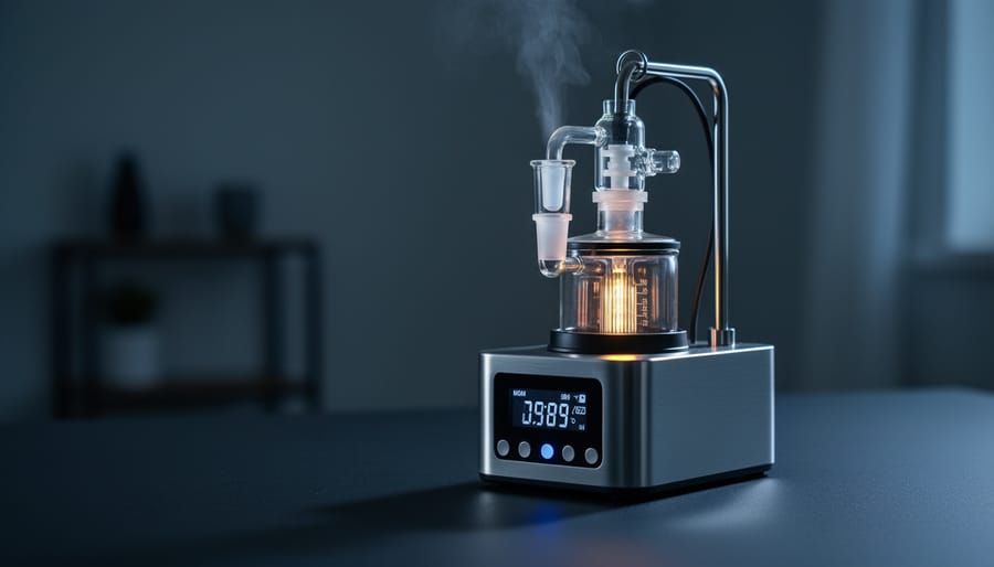 Electronic dab rig vaporizer resting on a dark countertop with stainless tool nearby.