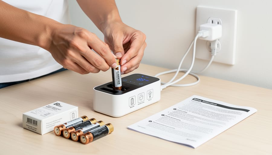 Gloved hands holding a rechargeable vaping device near a charging cable on a table.