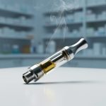 “Close-up of a clear CBD vape cartridge on a white lab surface with soft vapor rising in front of a blurred clinical background.”