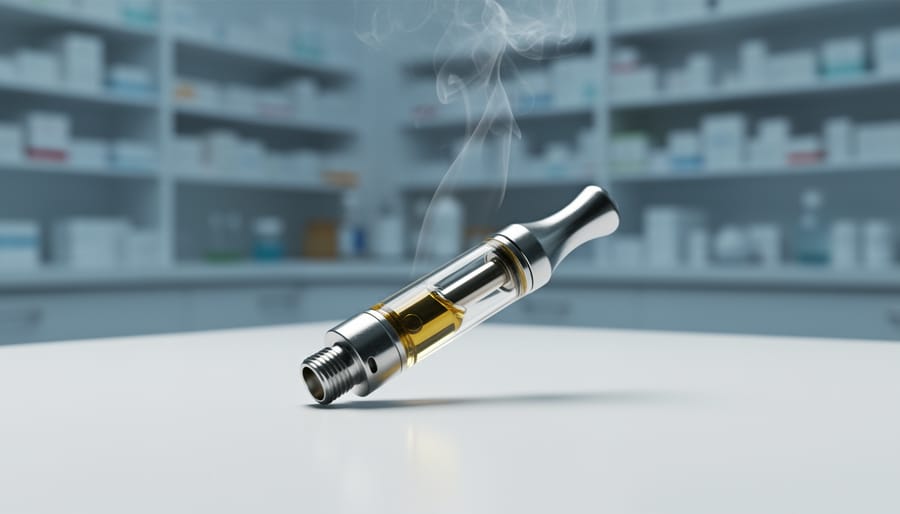“Close-up of a clear CBD vape cartridge on a white lab surface with soft vapor rising in front of a blurred clinical background.”