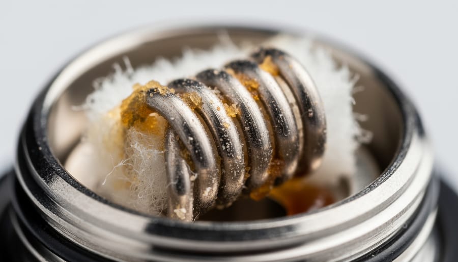 Macro close-up of a metallic heating element with rust-like texture beside clean glass labware