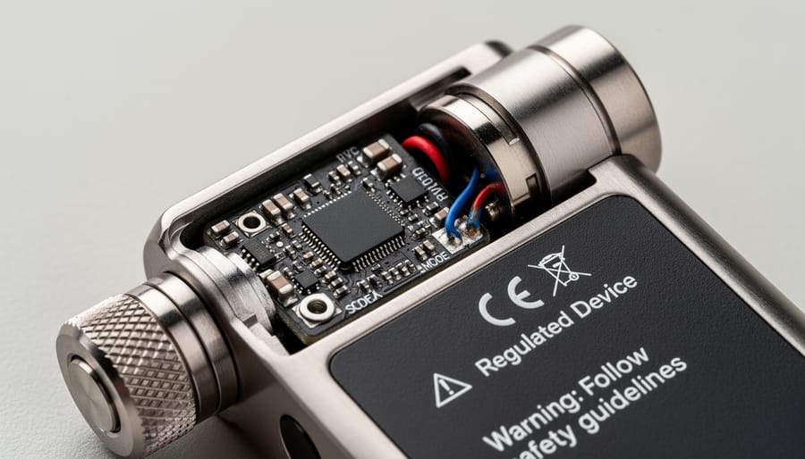 Macro close-up of a regulated box mod atomizer and coil area.