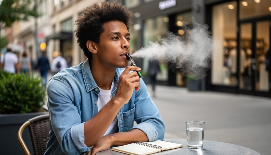 Person holding a vape pen outdoors in soft daylight, with background greenery blurred