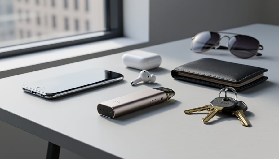 Smart pod vape device resting in a hand next to another device on a desk.