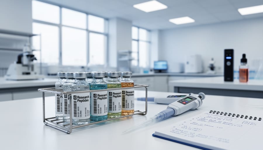 Laboratory bench with glass vials and lab equipment representing research compounds