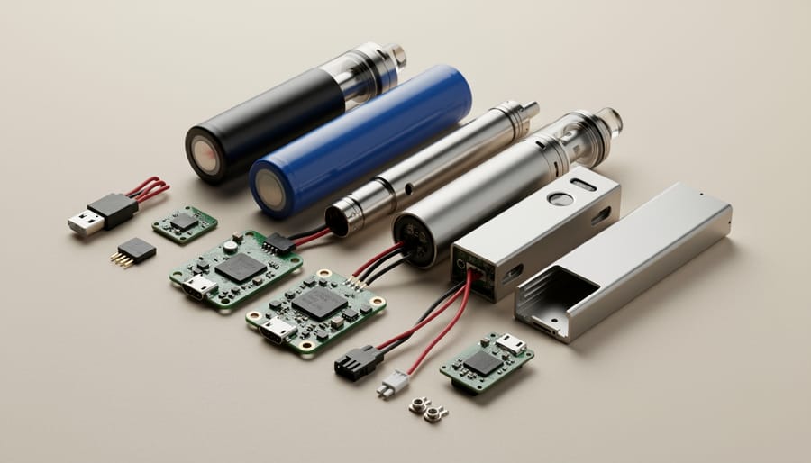 Lithium-ion battery pack next to a modern vaping device on a clean tabletop