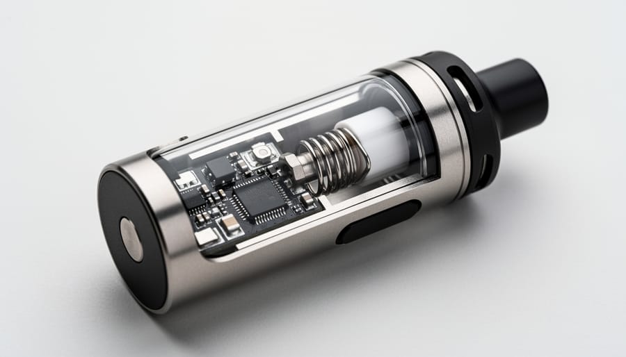 Close-up of a modern vaping device showing the tank and internal heating coil