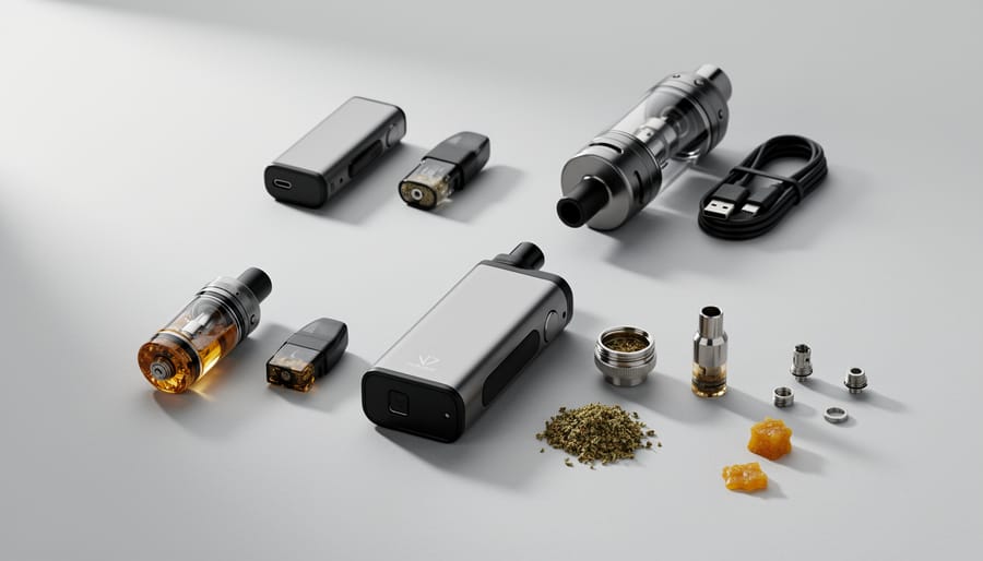 Assorted vaping materials and a versatile vaping device arranged on a tabletop