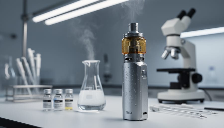 Vape device in the foreground beside a laboratory bench with beakers and small vials under clinical lighting.