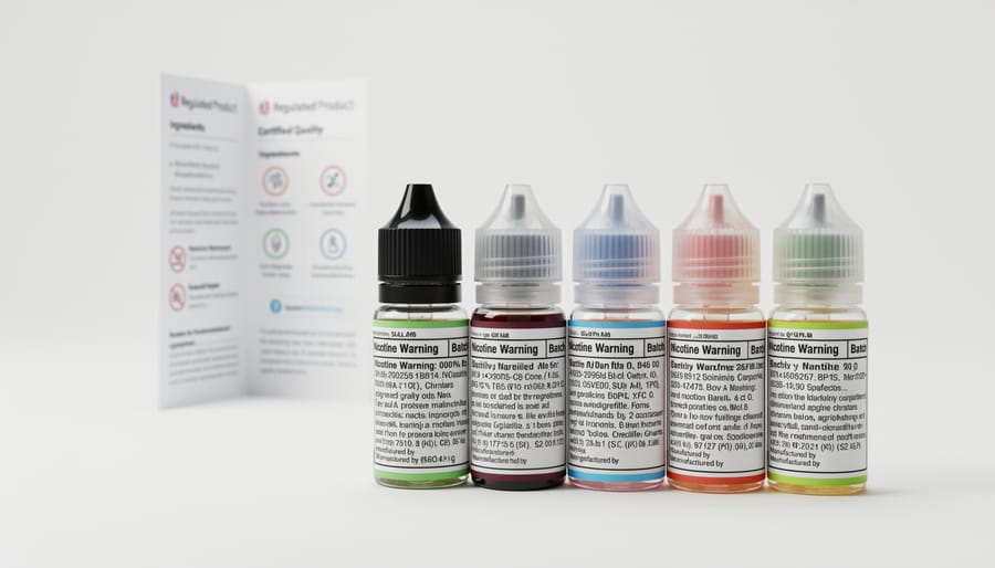 Sealed nicotine e-liquid bottles and a closed vape pod on a clean surface