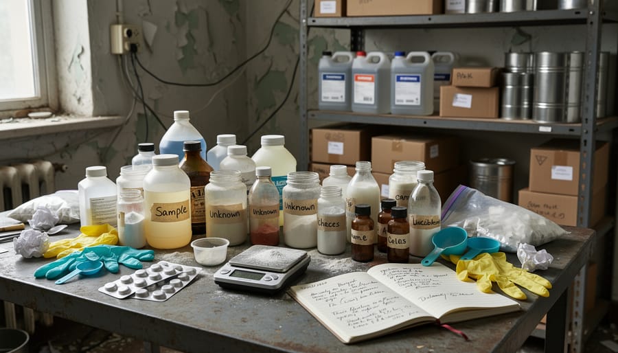 Dim, cluttered workbench with unmarked chemical-style bottles suggesting unregulated substances