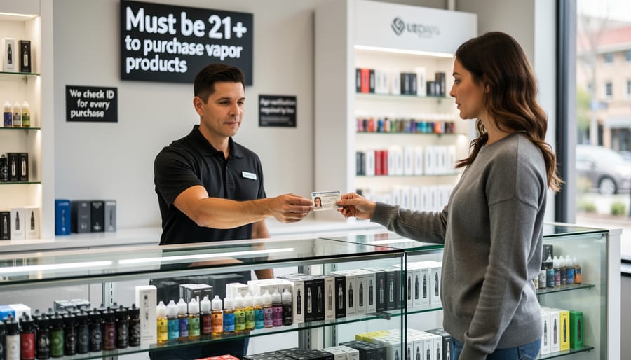 Vape shop clerk holding a handheld ID scanner near sealed vape products on a counter