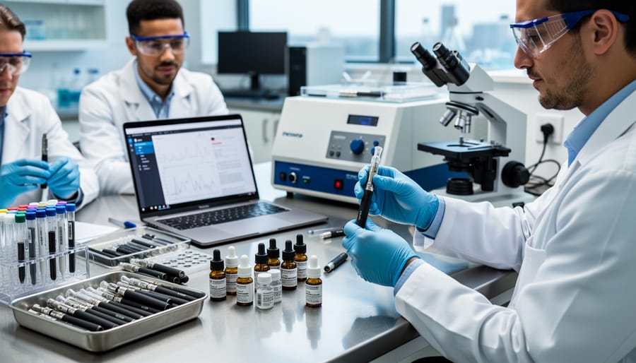 Researcher’s hands holding a capped vaping device and a sample vial on a lab bench