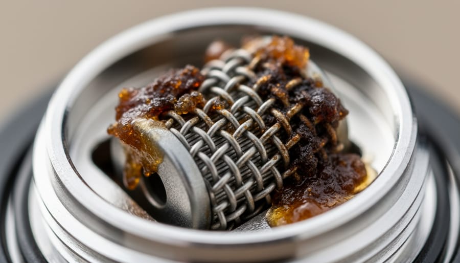 Macro close-up of a mesh coil covered with dark residue buildup