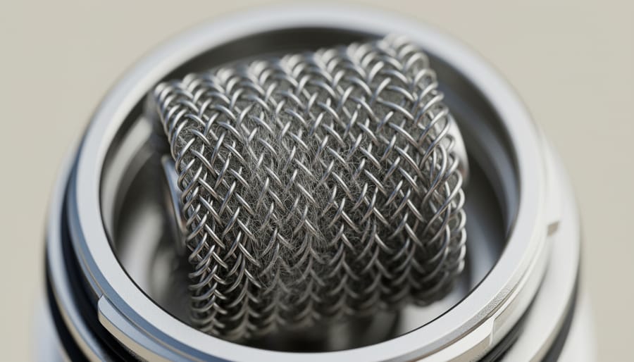 Close-up macro of an exposed mesh coil head showing the mesh strip and wicking material