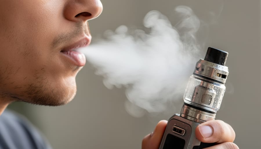 Person holding a vape device with visible vapor coming from the mouthpiece