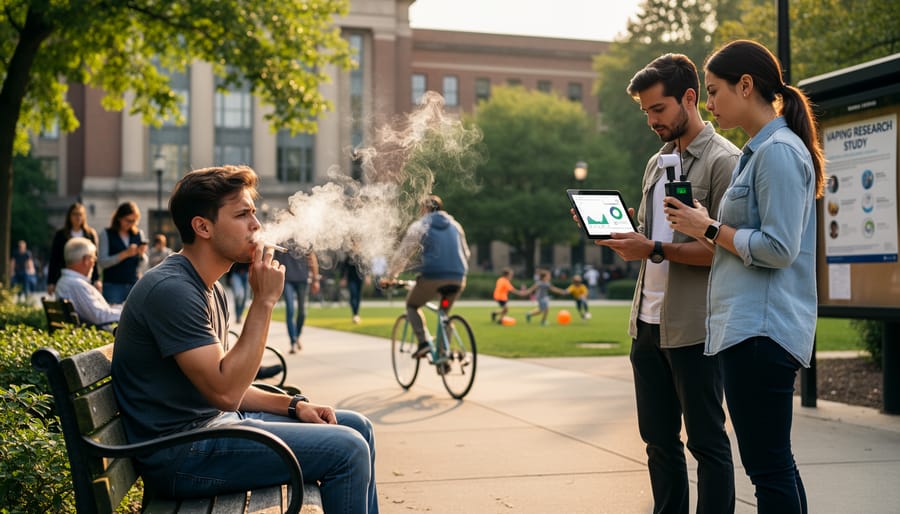 Person vaping outdoors with visible vapor near a park bench
