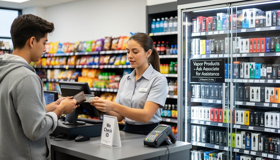 Convenience store interior showing a secured area with vapor and tobacco products behind the counter