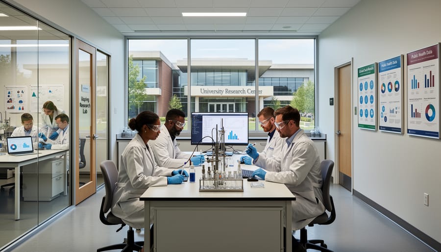 Research team standing outside a modern university research building