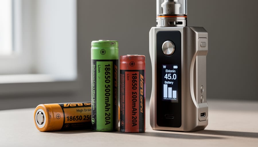 Close-up of 18650 batteries placed near a vape mod on a workbench.