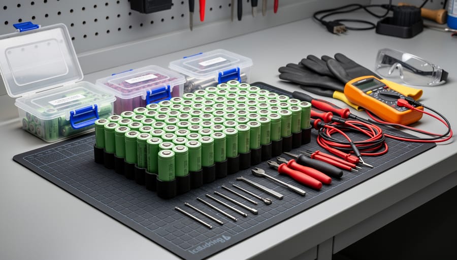 18650 battery placed in a protective hard case with an insulator sleeve on a workbench