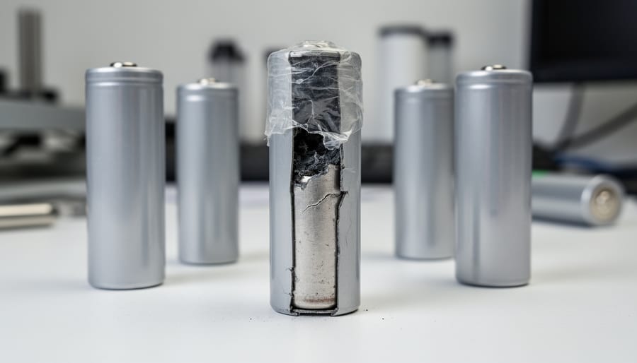 Macro close-up of an 18650 battery showing damaged insulation wrapper