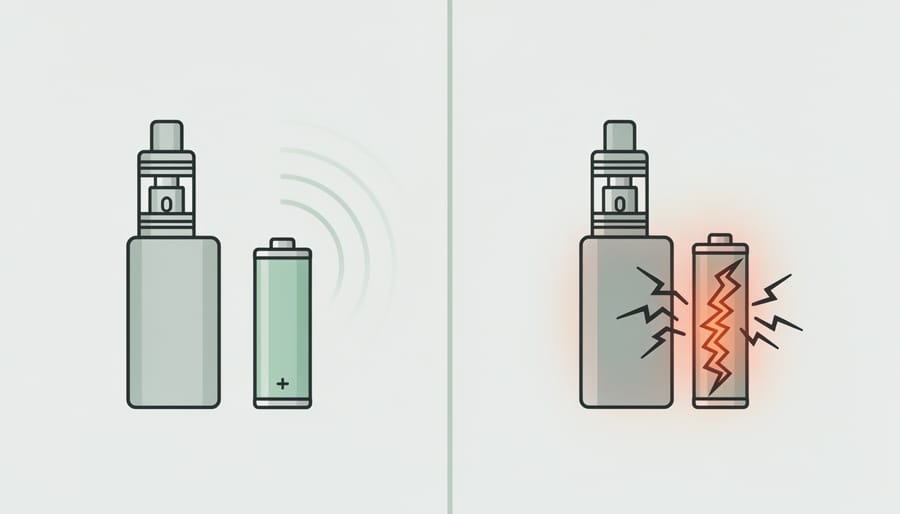 Hands inserting a battery into a vape device with a cautious, technical atmosphere.