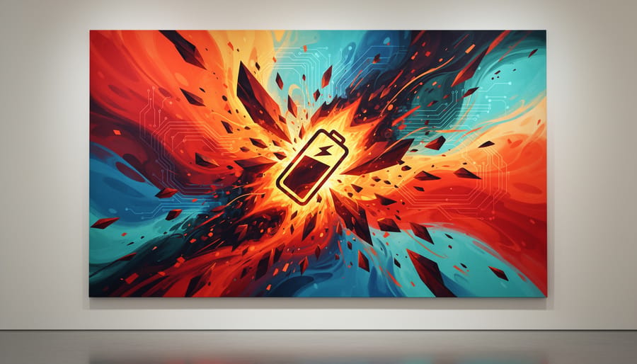 Abstract depiction of a battery safety hazard using a dark protective sleeve and scorched ceramic surface.