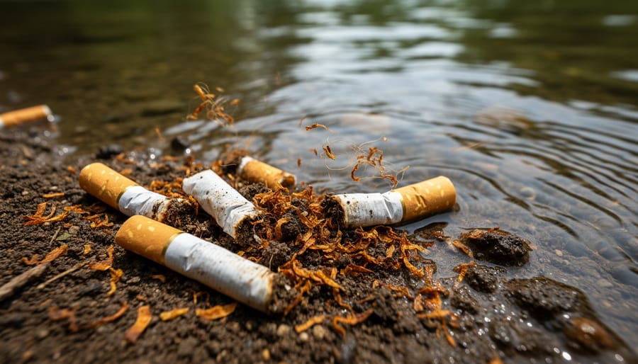 Close-up of scattered cigarette butts in damp soil near a curb after rain