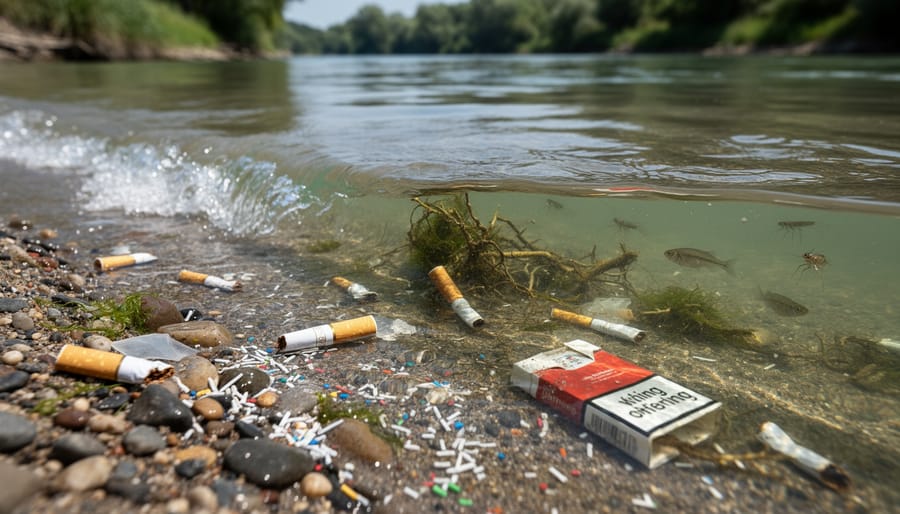 Floating debris including cigarette butt fragments on the surface of a calm waterway