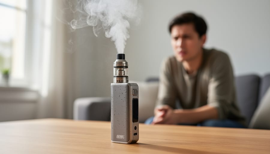 Handheld vape device on a desk with visible vapor haze drifting upward after use