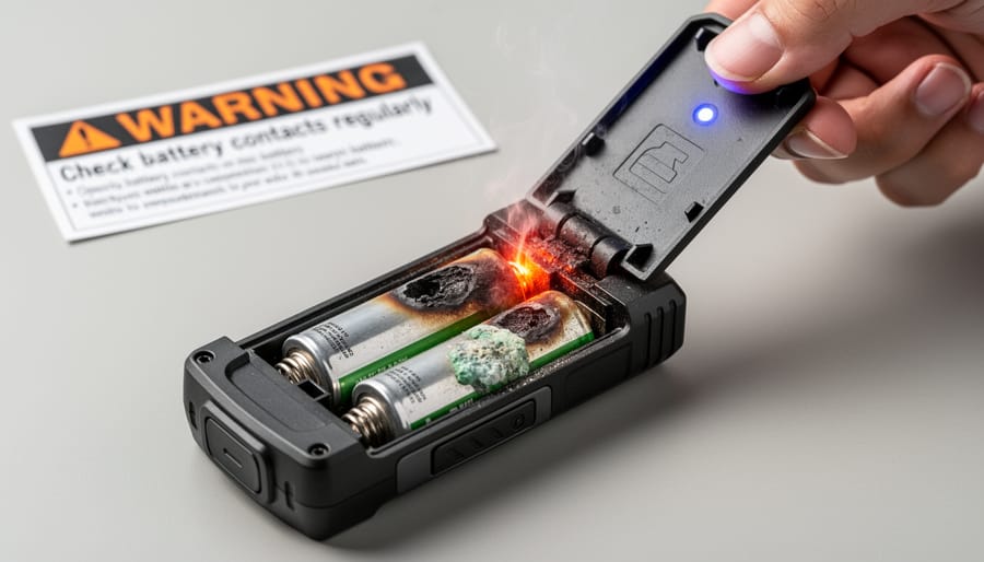 Overhead view of an opened vape battery compartment showing contacts with signs of corrosion or grime