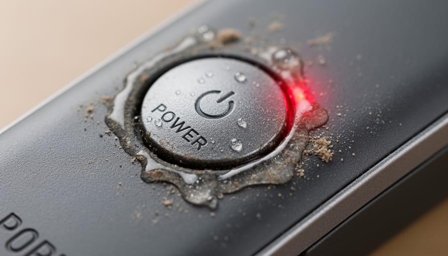 Extreme macro close-up of vape activation button and metal threading with residue and condensation on surfaces
