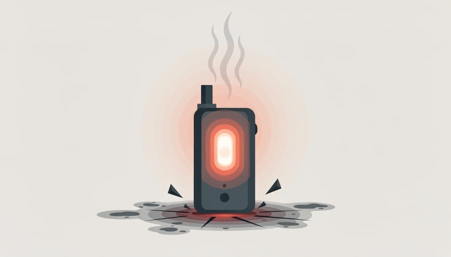 Cinematic conceptual scene suggesting overheating risk while a vape device is held away from danger