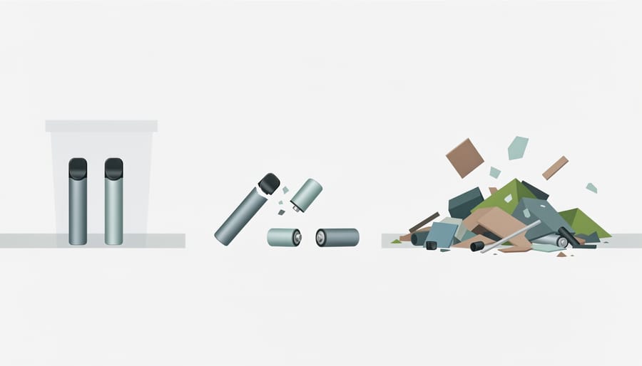Discarded vaping and packaging waste mixed in an outdoor recycling bin
